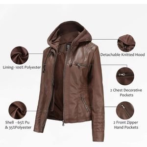 Tagoo Faux Leather Jacket Women Motorcycle Coat for Biker with Removable Hood